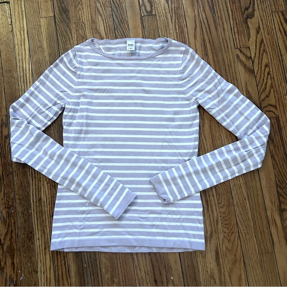 Gently used Simons sweater/shirt - lavender and whites stripe, size XS